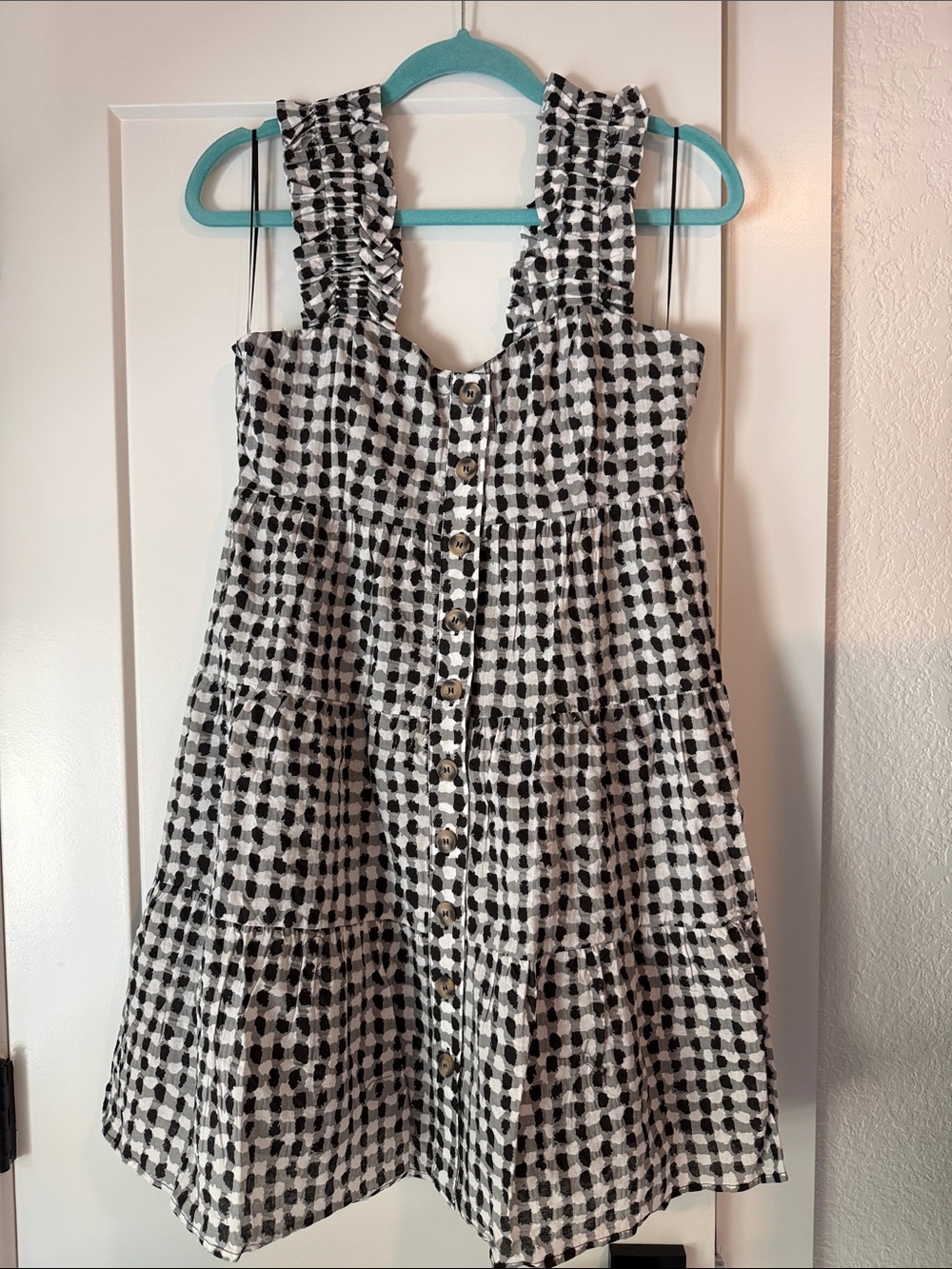 NWOT - Ces Femme Black & White Gingham Ruffle-Strap Button Sundress